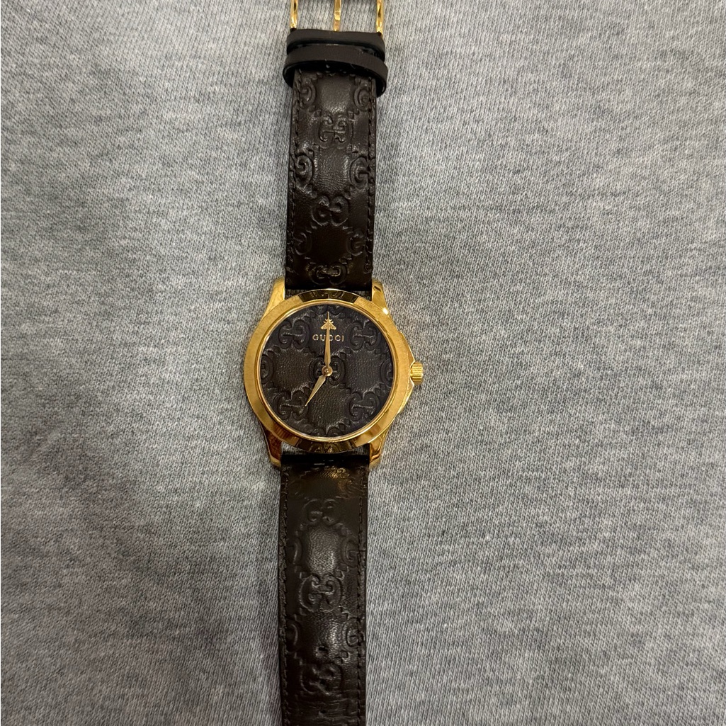 Gucci Gold Case With Dark Brown Strap Watch